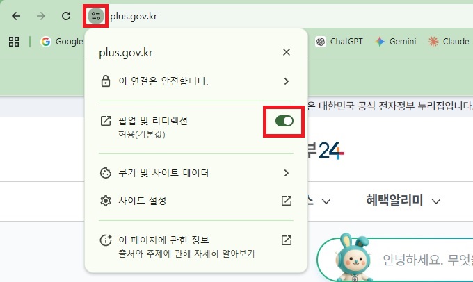정부24 주소창 좌측 설정 버튼 클릭 후 팝업 및 리디렉션 허용 토글 활성화