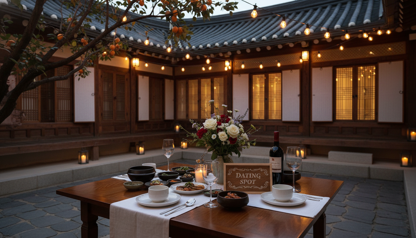 A beautifully decorated outdoor dinner table in a traditional Korean courtyard (Hanok), glowing romantic string lights, two wine glasses, cinematic lighting, a small elegant sign that says 'DATING SPOT' in English on the table.