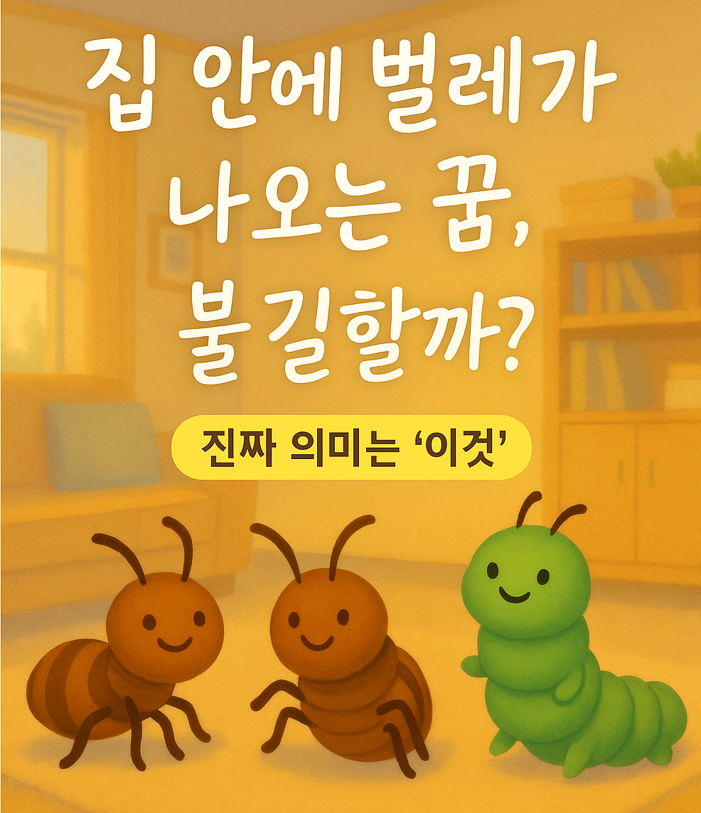 아늑한 거실 배경에 귀여운 벌레 세 마리가 있는 파스텔톤 일러스트. 상단에는 “집 안에 벌레가 나오는 꿈, 불길할까?”라는 필기체 텍스트가 쓰여 있고, 하단에는 노란색 박스 안에 “진짜 의미는 ‘이것’” 문구가 강조되어 있다.