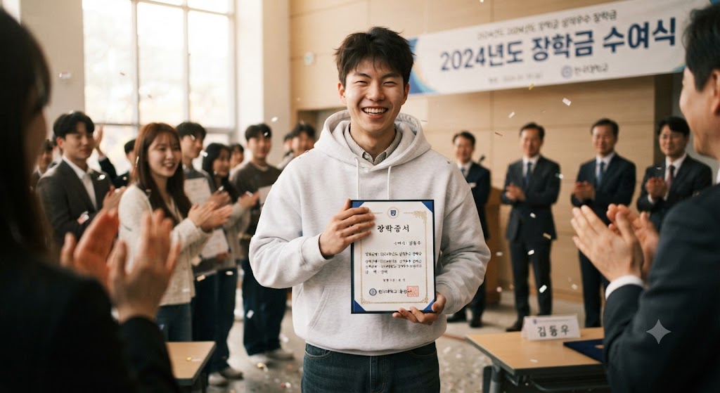 장학금 받고 기뻐하는 대학생의 모습