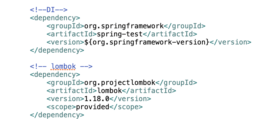 pom.xml에 Lombok 의존성을 추가한 화면