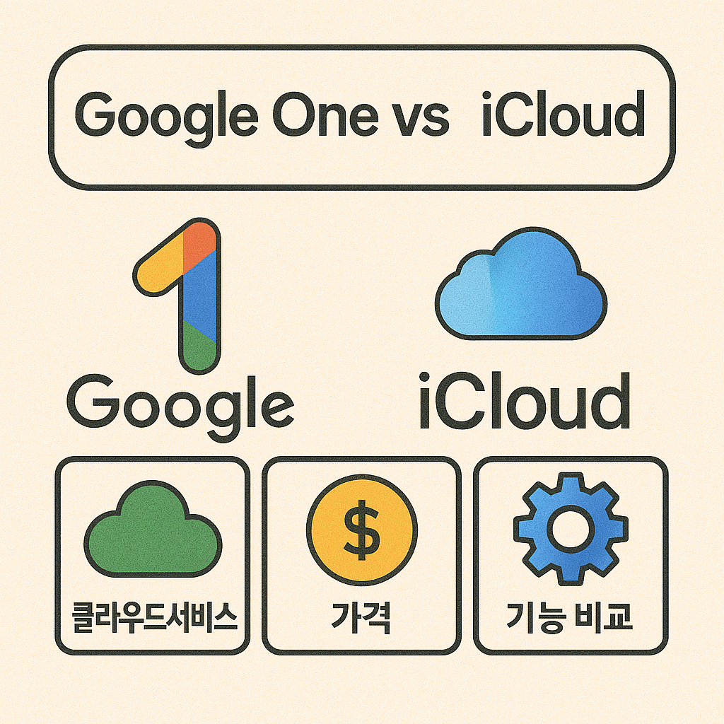 Google One 과 iCloud 비교 그림, 클라우드 서비스, 가격, 기능 비교
