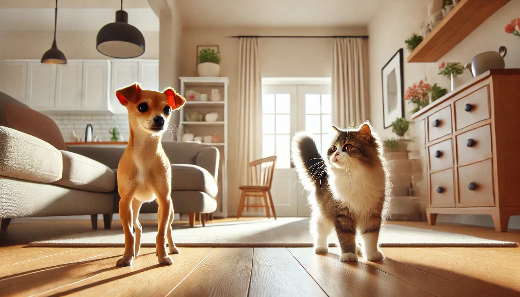 밝은 거실에서 강아지와 고양이가 서로를 경계하며 마주 보고 있는 모습. 강아지는 귀를 세우고 주시하며, 고양이는 등을 구부리고 꼬리를 부풀린 채 긴장한 자세를 취하고 있음.