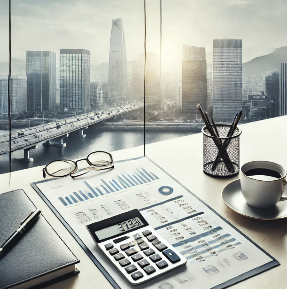 재무 계산을 위한 서류, 계산기 놓인 책상과 도시 풍경