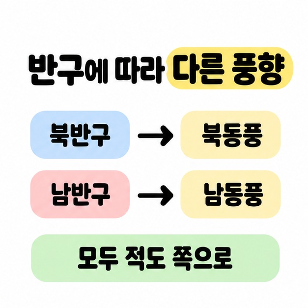 북반구를 북동풍에 남반구를 남동풍에 연결하고 모두 적도 쪽으로 향한다고 설명한 풍향 대응 도식