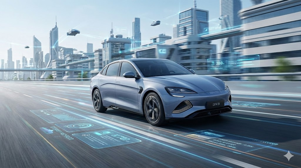 스마트 시티 도로 위를 주행하는 자율주행 전기차의 역동적인 미래 도시 배경