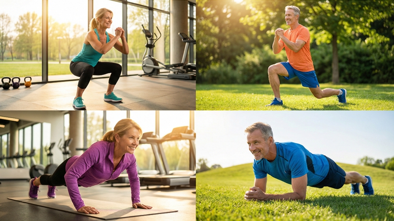 중장년층이 건강한 모습으로 스쿼트, 런지, 푸시업, 플랭크 운동을 하는 모습. 필수 운동 5가지로 활력 있는 노년을 준비하는 모습.