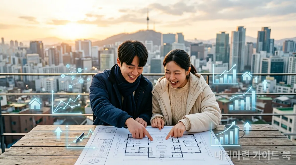 2026년 생애최초 주택 구매 기회를 상징하는 한국인 부부가 주택 설계도를 보며 희망찬 표정을 짓고 있는 모습