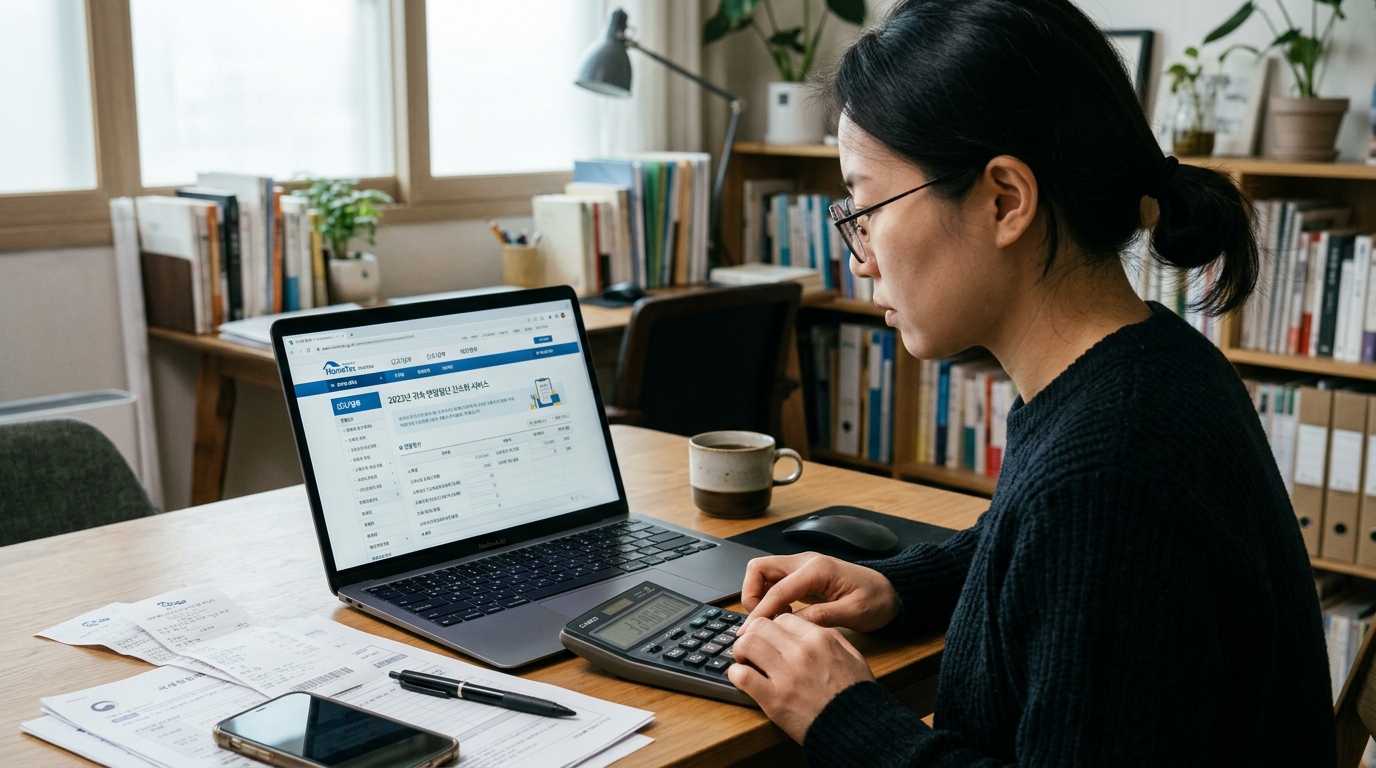 국세청 홈택스에서 재산세와 종부세를 조회하고 모의 계산하는 모습