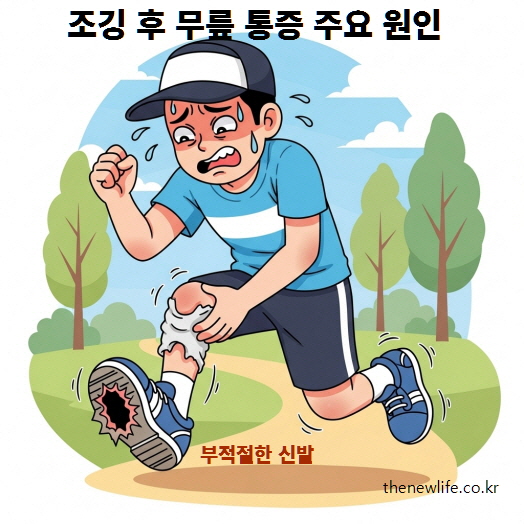 밑창이 닳아 쿠션이 사라진 신발로 달리다 조깅 후 무릎 통증을 겪는 남성