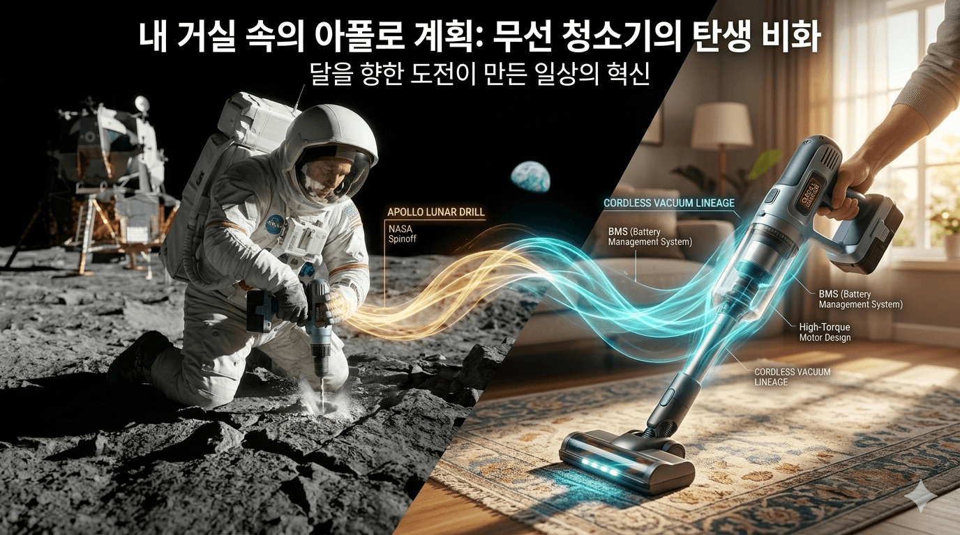 "나사 아폴로 월면 드릴 및 현대 무선 청소기 대비 이미지"