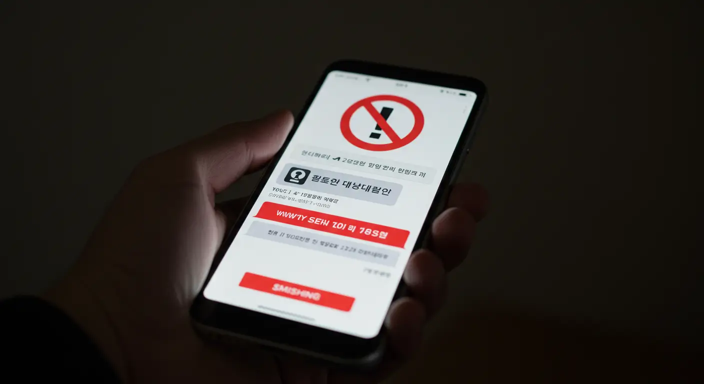 스마트폰 화면에 떠 있는 민생회복 지원금 사칭 스미싱 문자 위로, 위험을 알리는 크고 붉은 경고 아이콘이 표시된 이미지