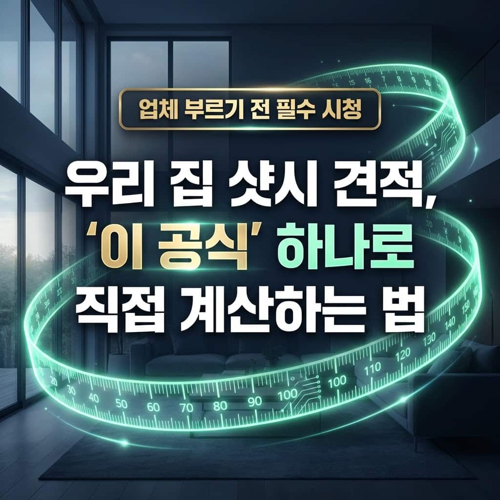 업체 부르기 전 필수 시청. 우리 집 샷시 견적, '이 공식' 하나로 직접 계산하는 법. 어두운 모던 거실 배경에 네온 빛이 나는 줄자가 원형으로 감싸고 있는 타이틀 이미지.