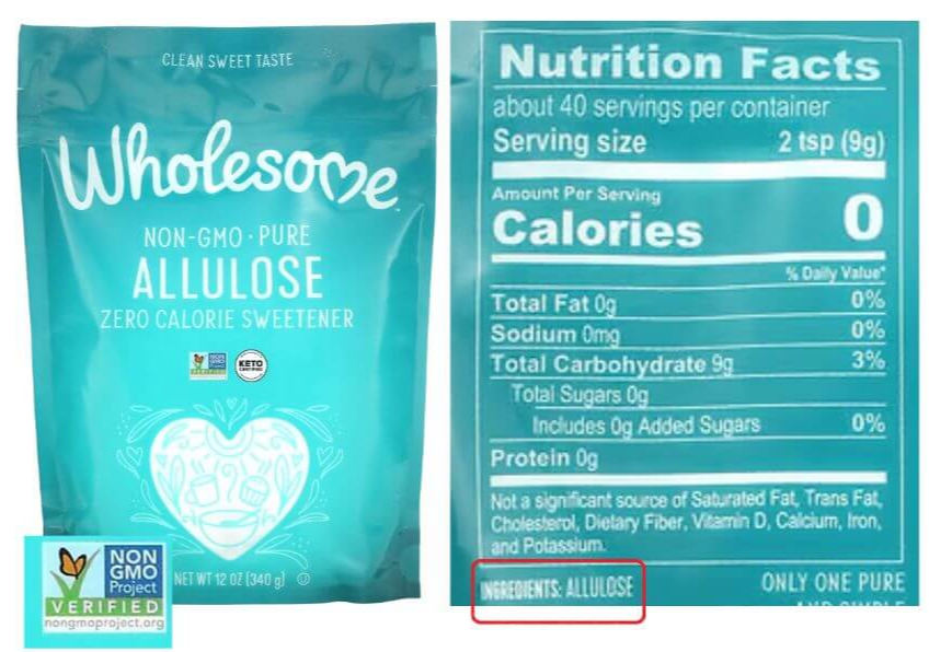 Wholesome Sweeteners 알룰로스 가루형 제품사진과 영양성분표, 원재료명, 아이허브 구매링크