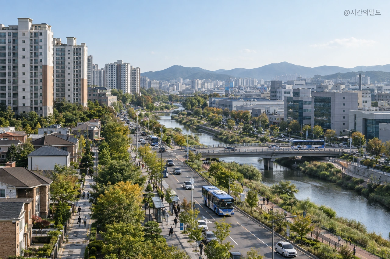 서로 이웃한 주거 지역과 업무 지역을 출근길로 연결한 가상 도시 장면
