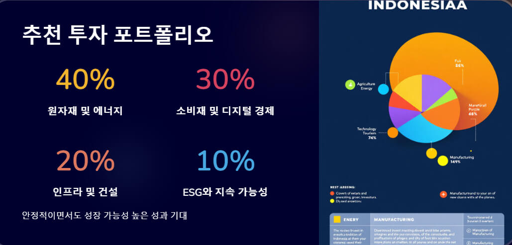 추천 투자 포트폴리오" 제목과 원자재(40%), 소비재 및 디지털 경제(30%), 인프라 및 건설(20%), ESG와 지속 가능성(10%)으로 구성된 비율을 나타내는 원형 차트