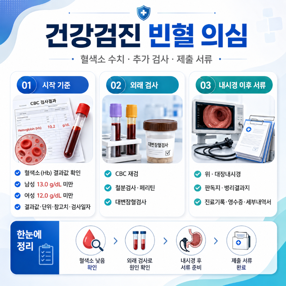 건강검진 빈혈 의심 결과에서 혈색소 수치, CBC 재검, 철분·페리틴 검사, 대변잠혈검사와 내시경 후 제출 서류를 정리한 메디컬 인포그래픽