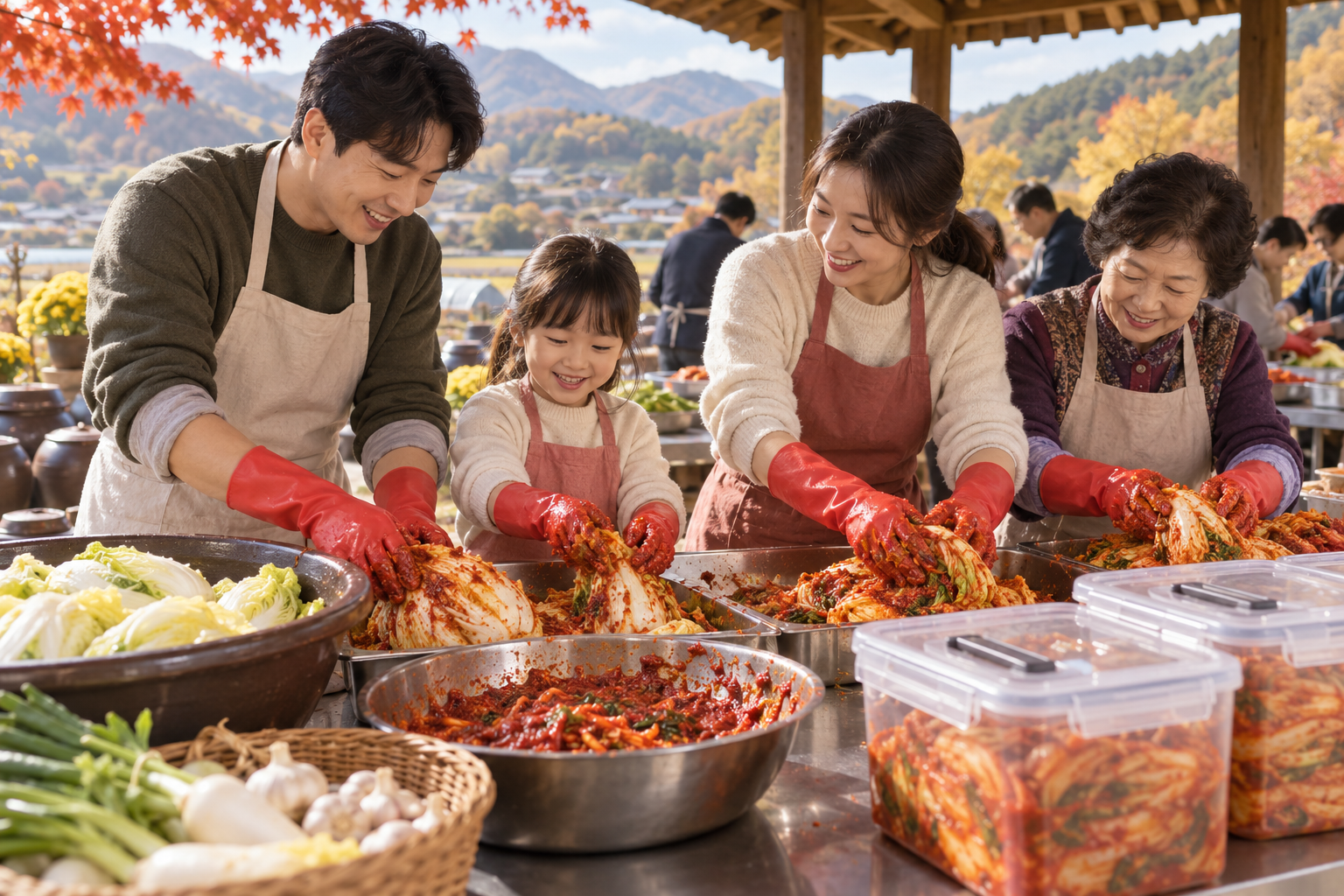 가족이 야외에서 배추에 양념을 버무리는 김장 체험 장면