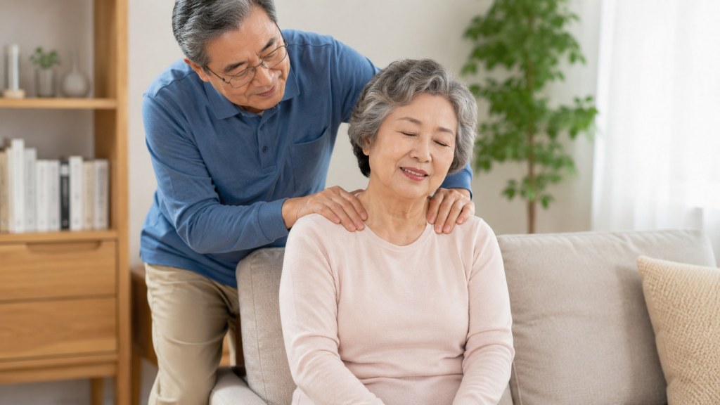 남편이 아내 어깨 주무르는 부부 모습 입니다.