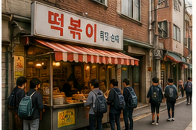 책가방을 멘 학생들이 오래된 학교 앞 분식집 앞에 줄을 서 있는 모습