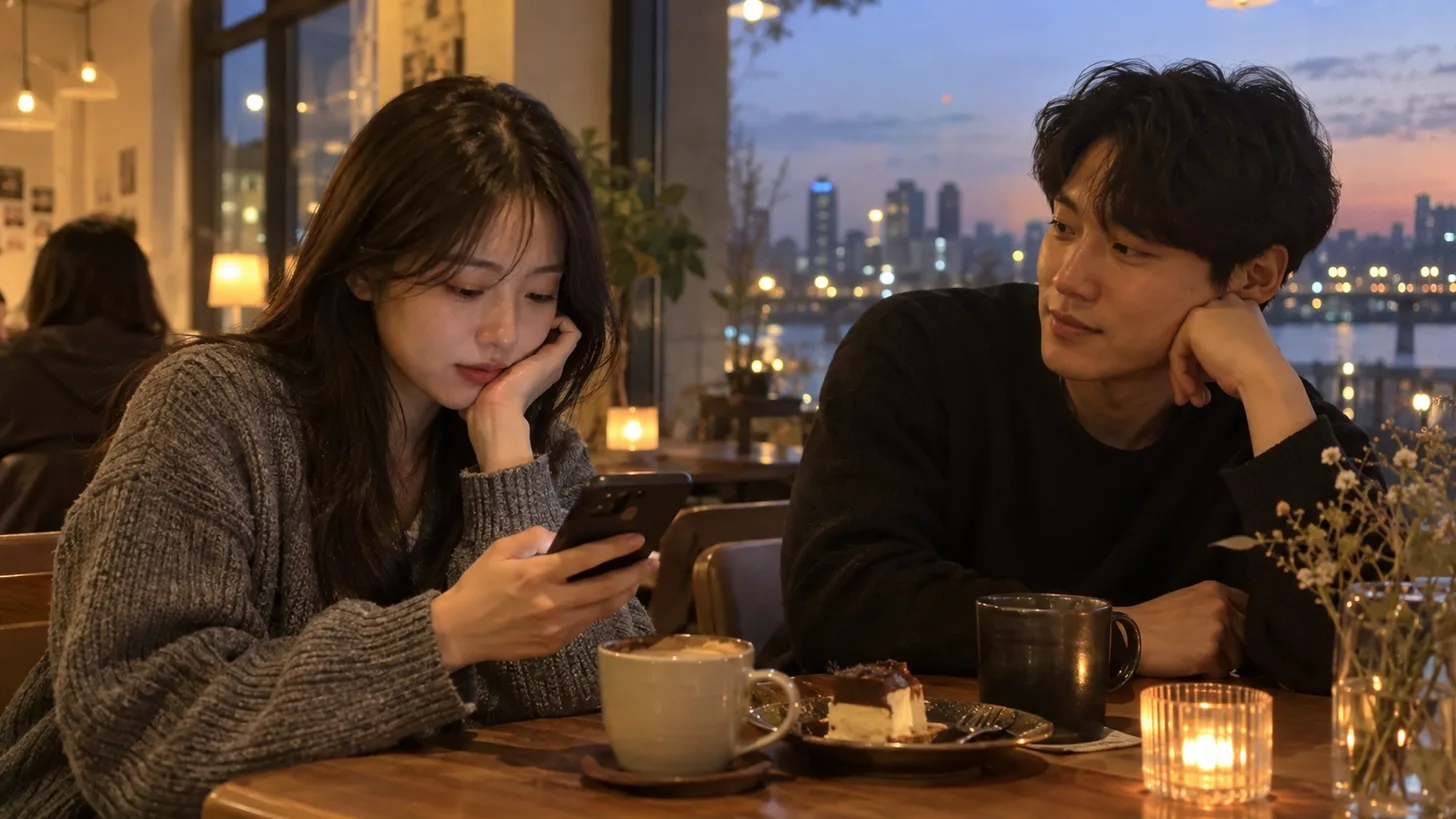 휴대폰 화면을 바라보며 짧은 인사말을 고민하는 사람
