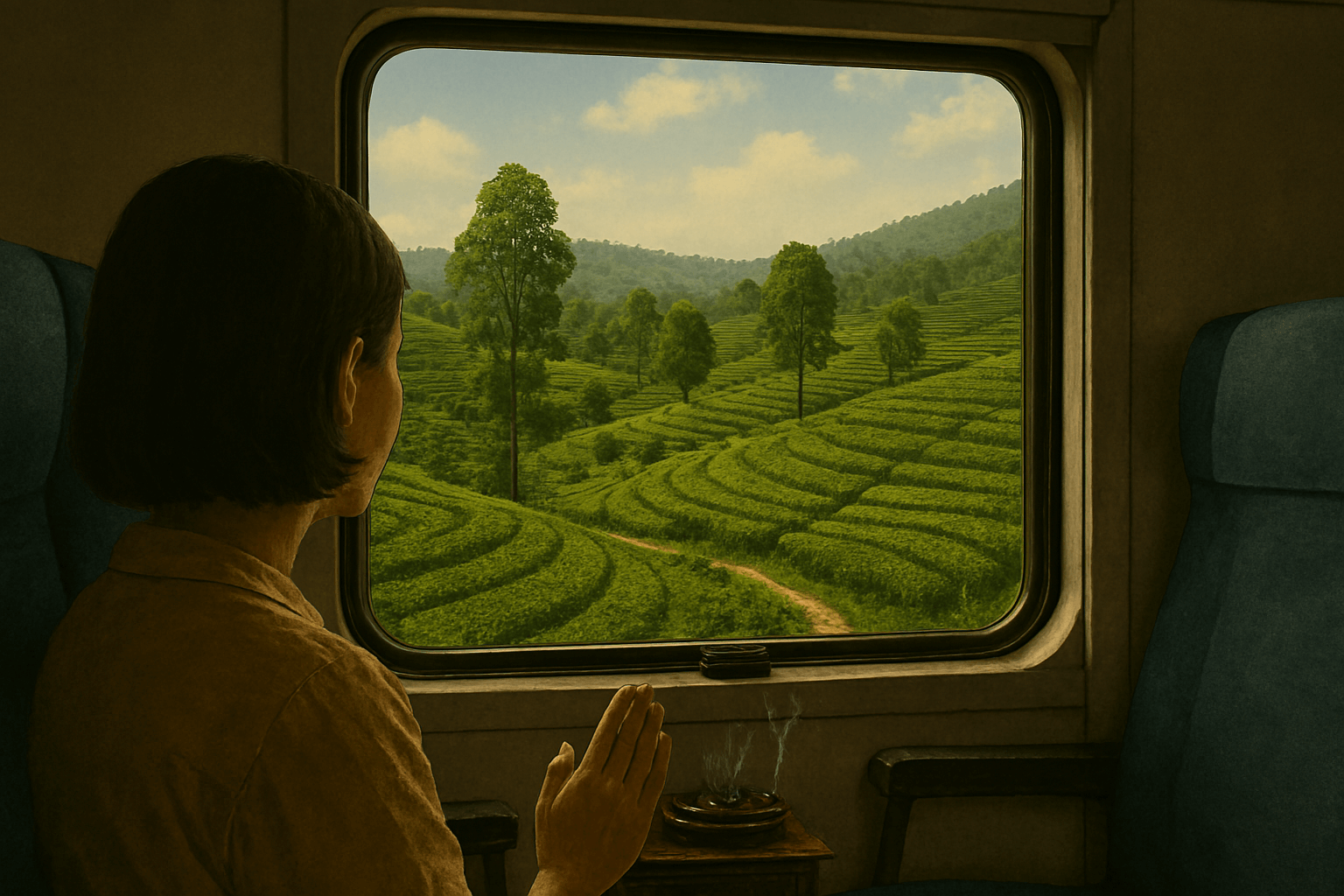 오래된 기차의 창문 너머로 보이는 스리랑카의 광활한 차밭 풍경. 녹색 물결이 끝없이 이어지고, 간간이 보이는 작은 마을과 언덕이 조화를 이룬다