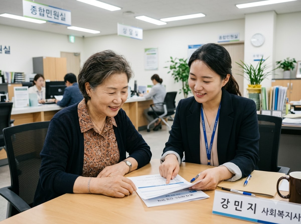 alt="주민센터에서 기초연금을 신청하는 60대 여성"