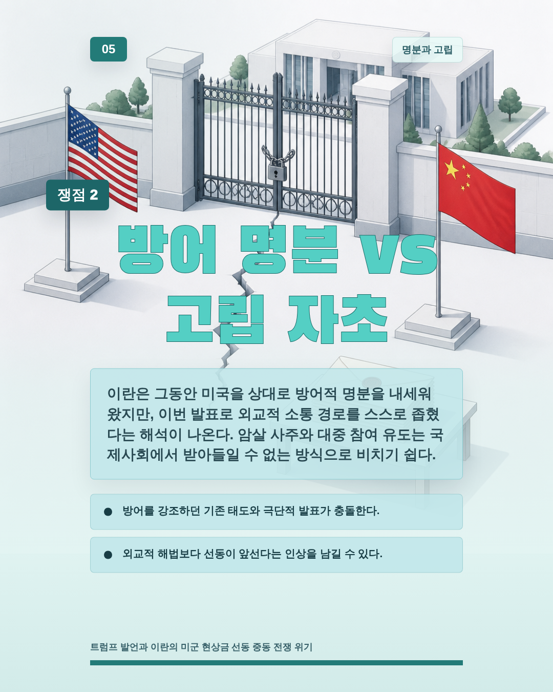 방어 명분 vs 고립 자초
