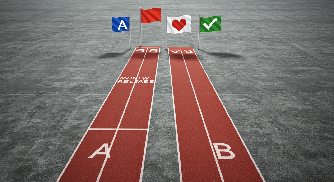 두 갈래로 갈라지는 레이스 트랙: A는 신작 깃발로, B는 하트와 체크 표시가 있는 만족·완주 깃발로 향하는 상징 이미지