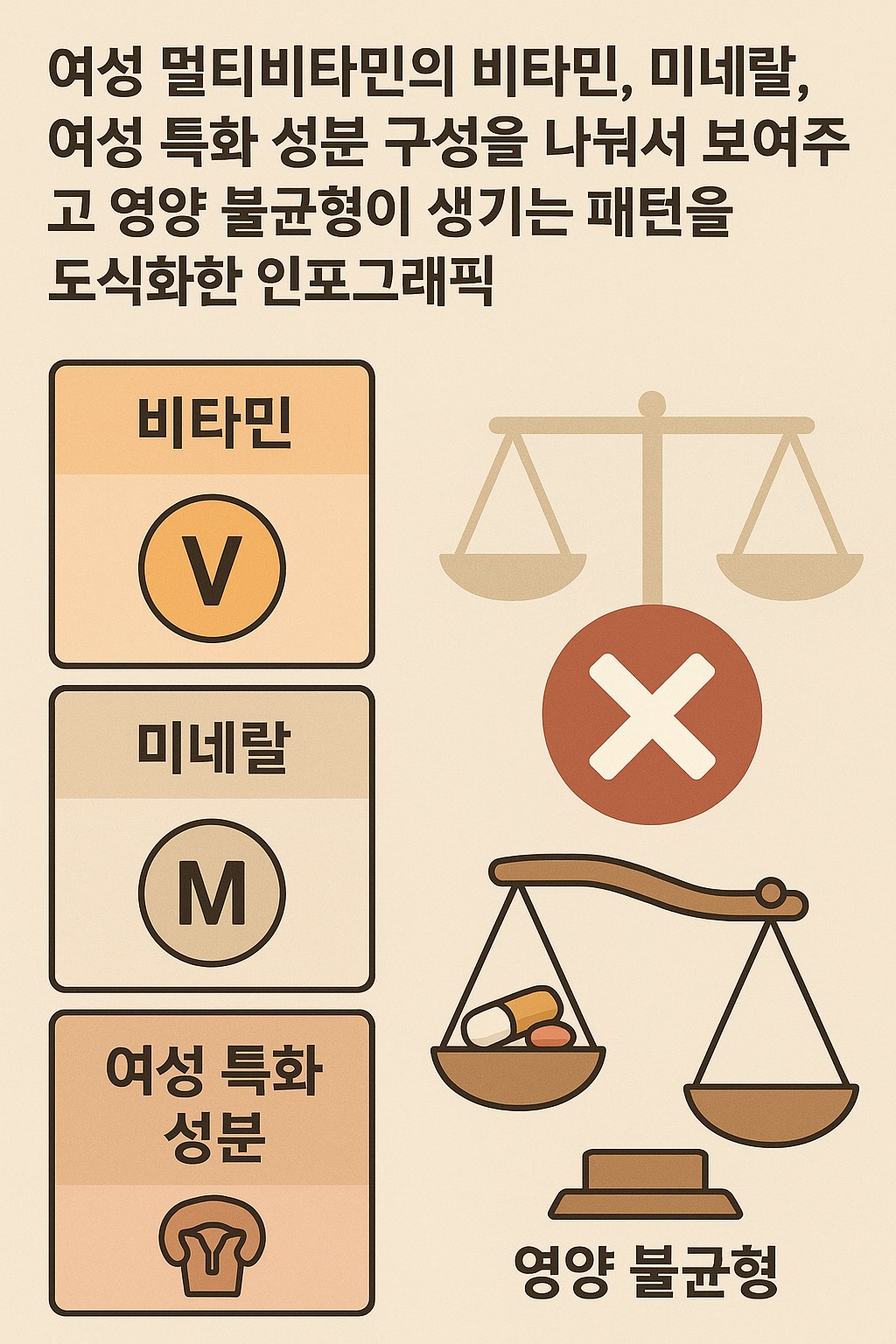 여성 멀티비타민의 비타민, 미네랄, 여성 특화 성분 구성을 나눠서 보여주고 영양 불균형이 생기는 패턴을 도식화한 인포그래픽