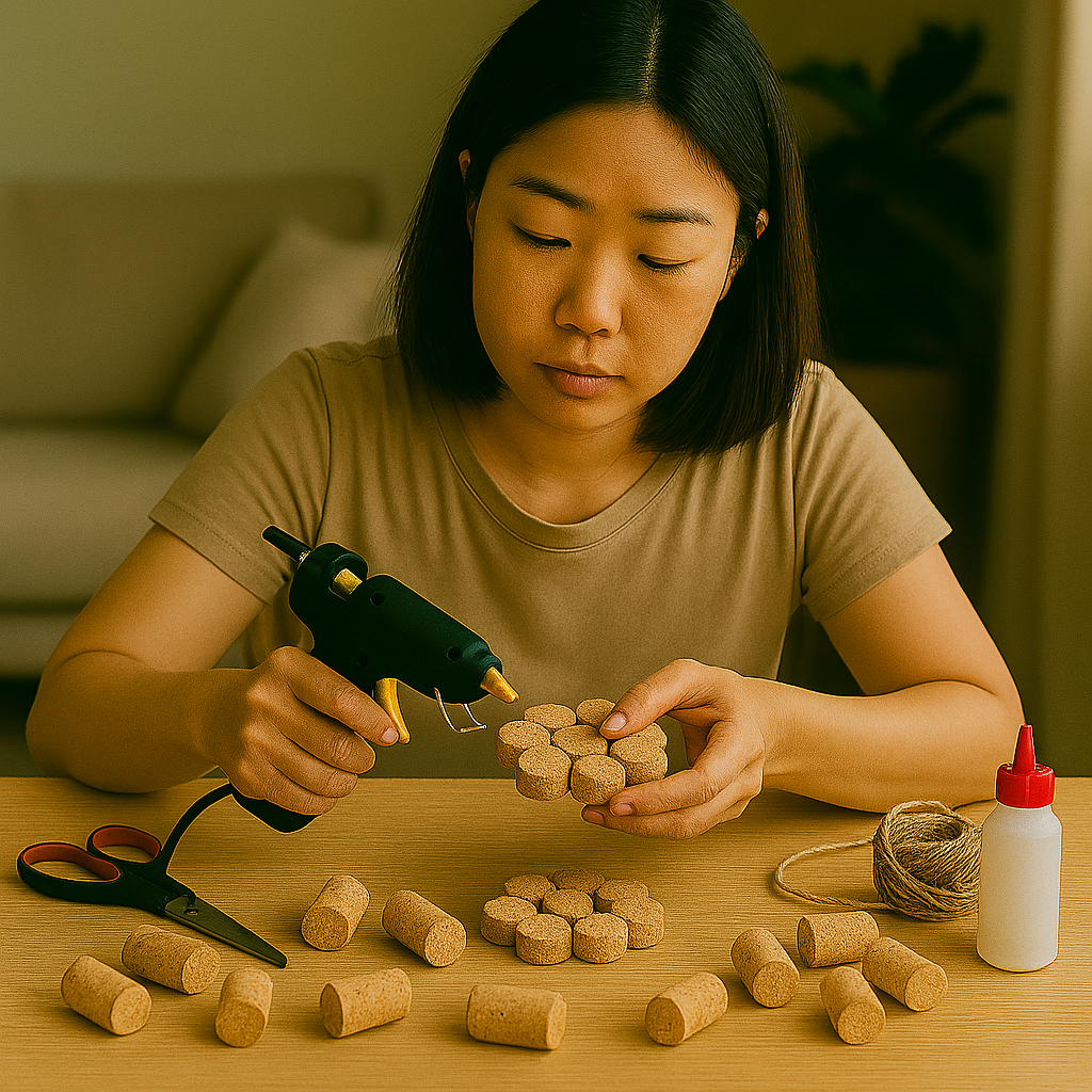 한 명의 여성이 테이블 위에서 코르크마개를 컵받침 형태로 붙이고 있으며, 주변에는 가위, 글루건, 실, 본드 등의 공예 재료가 놓여 있다