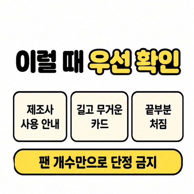 제조사 사용 안내, 길고 무거운 카드, 끝부분 처짐을 확인하고 팬 개수만으로 필요성을 단정하지 말라고 안내한 그림