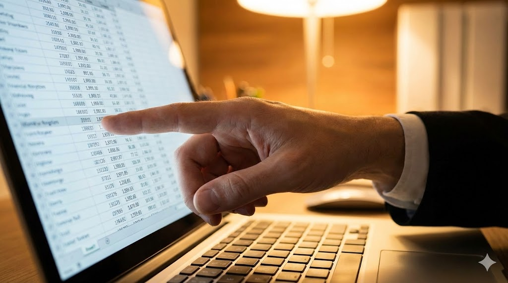 노트북 화면에 띄워진 엑셀 파일 명단에서 손가락으로 당첨자 번호를 확인하는 모습을 담은 사진. 따뜻한 조명의 사무실 배경과 함께 데이터를 확인하는 행동에 초점이 맞춰져 있다.