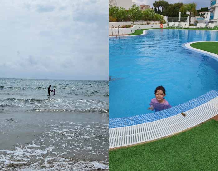 알코세브레Alcoccebre의 리조트 앞 지중해 바다와 리조트 수영장에서 즐거운 아미