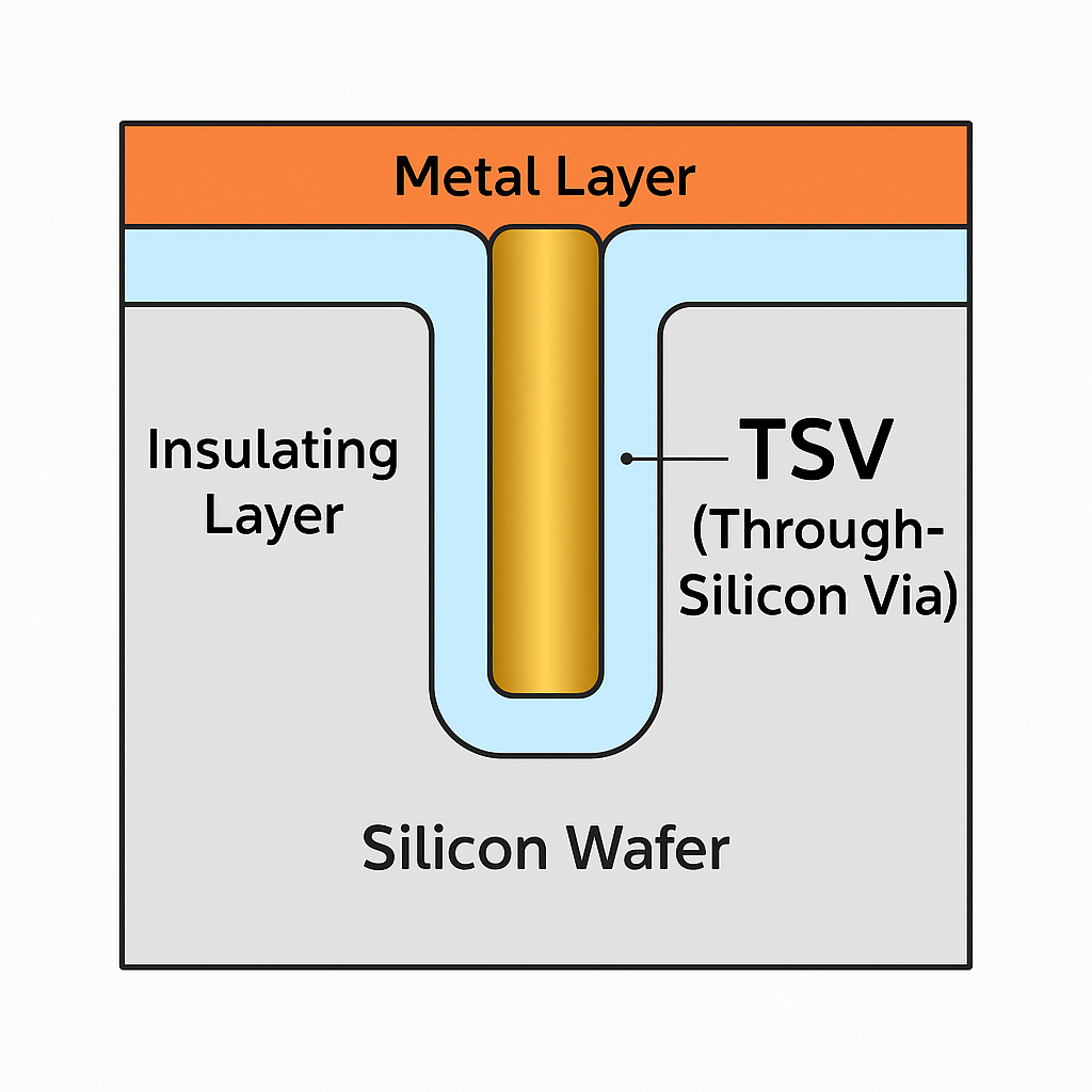 TSV 개념도 &ndash; 실리콘 웨이퍼 단면에서 관통 비아 구조와 절연층, 금속 패드