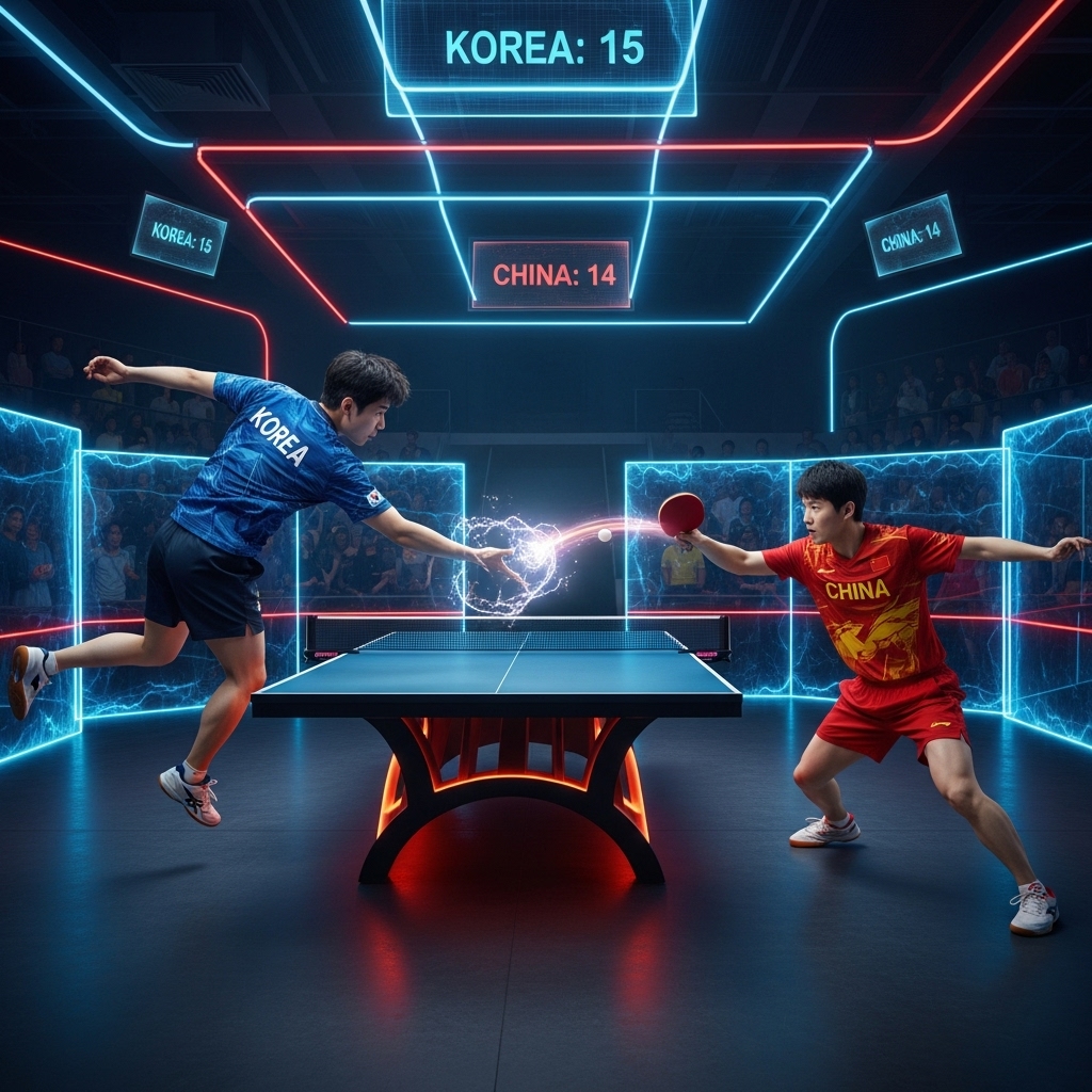 한국과 중국 탁구 선수가 치열하게 경기하는 모습, 미래적인 경기장에서 강력한 서브와 스매시를 주고받으며 패권을 다투는 역동적인 순간.