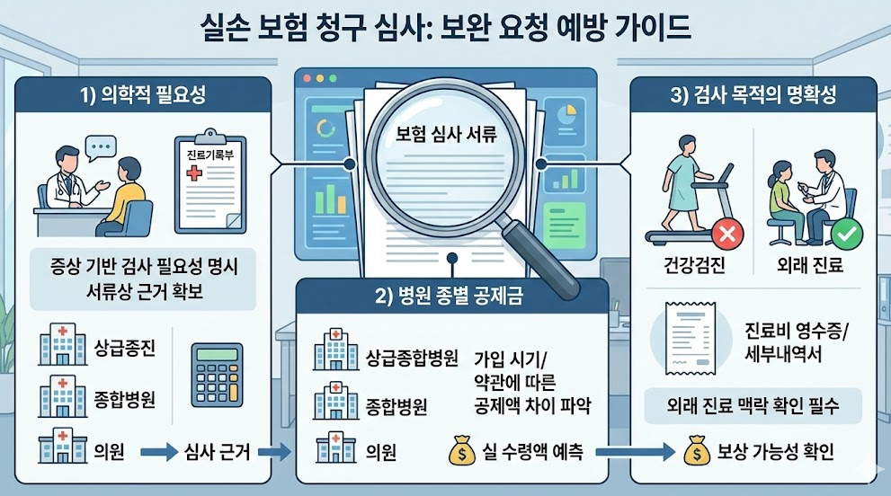 실손 보험 청구 심사에서 보완 요청을 줄이기 위한 핵심 포인트 도식