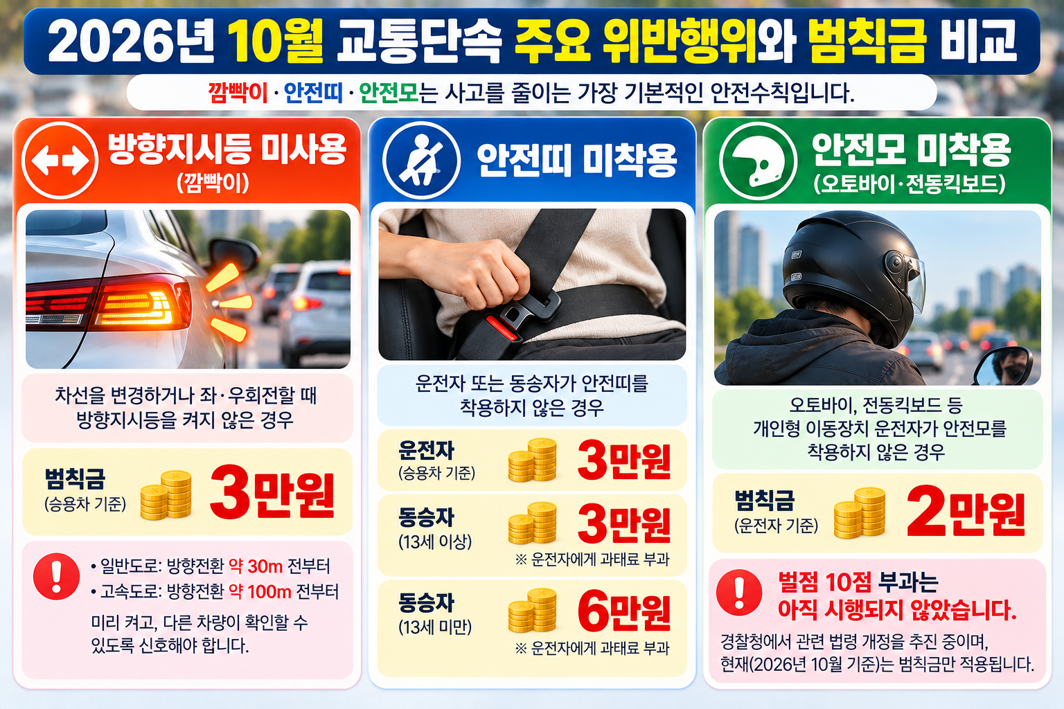 2026년 10월 교통단속 강화, 깜빡이&middot;안전띠&middot;안전모 범칙금과 벌점 총정리