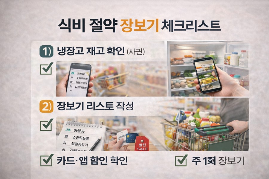 장보기 예산을 줄이기 위해 냉장고 재고 확인, 장보기 리스트 작성, 할인 정보 확인, 주 1회 장보기 습관을 4단계 체크리스트로 정리한 안내 이미지입니다.