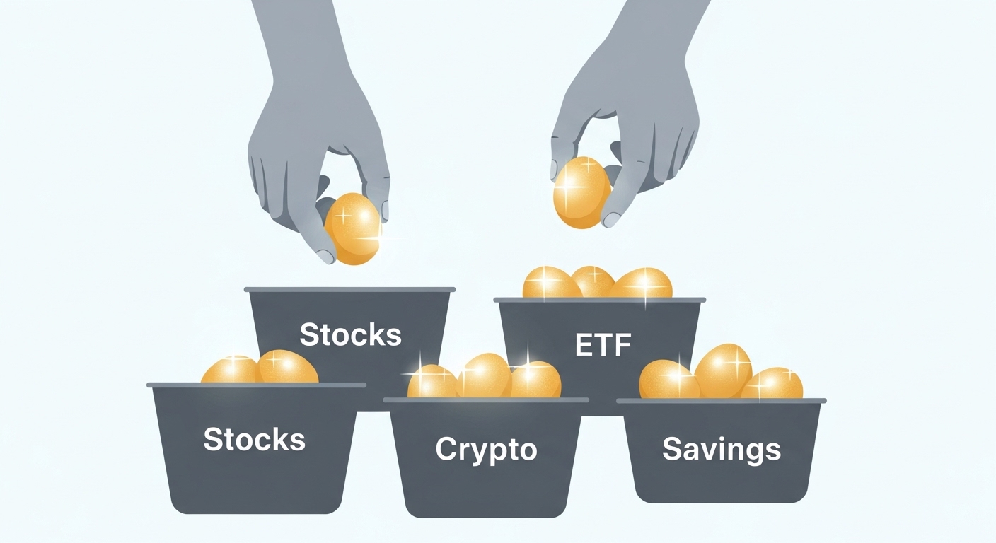 '주식', 'ETF', '가상자산', '예금' 등 다양한 바구니에 돈을 나눠 담는 MZ세대의 모습 (포트폴리오 다변화)