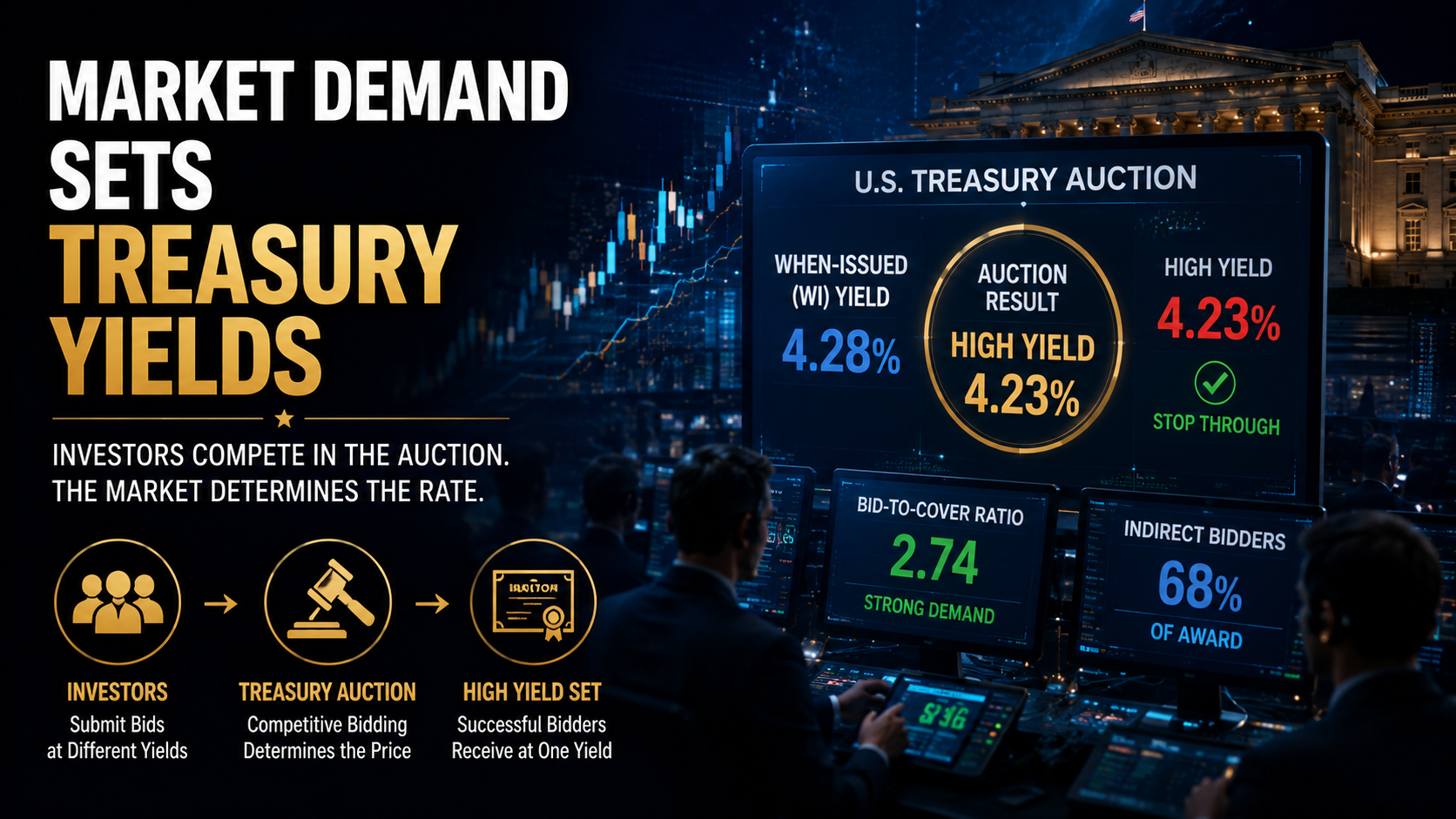 Infographic explaining how investor demand, competitive bidding, WI Yield, and High Yield determine U.S. Treasury auction results.