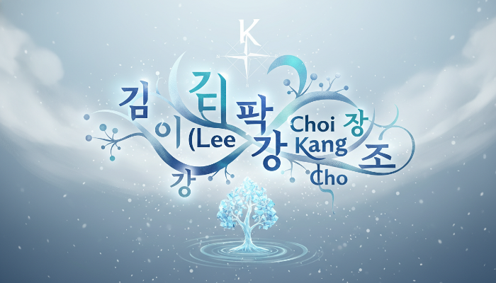 다양한 한국 성씨들이 푸른색과 회색 톤으로 우아하게 얽혀 있는 신비로운 일러스트. 겨울 테마에 맞춰 차분하고 탐색적인 분위기를 자아냅니다.