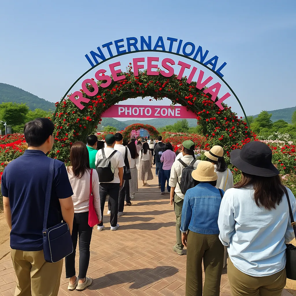 곡성 세계장미축제 포토존 앞에 줄을 선 관광객들의 모습