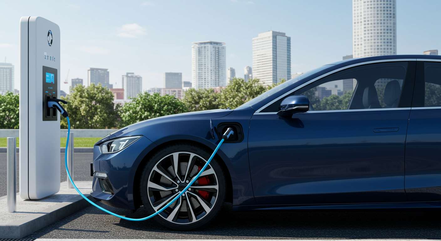 전기차 충전소에서 야간 충전 중인 EV, 푸른빛 충전 케이블이 빛나고 도시 야경이 배경인 장면 (전기차 충전소, 안전수칙, 충전 요금)