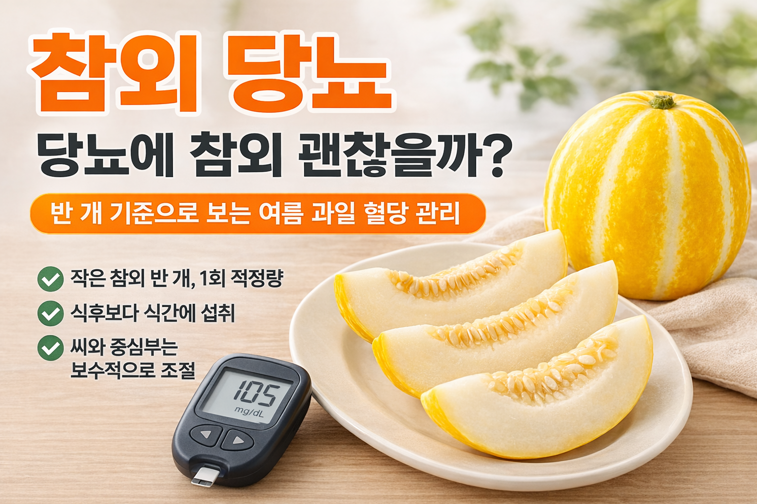 참외 당뇨 관리 썸네일, 반 개 기준 섭취량과 식간 간식 활용법을 설명하는 이미지