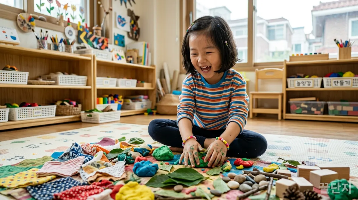 다양한 재료로 자유롭게 놀이하는 한국 아이의 모습