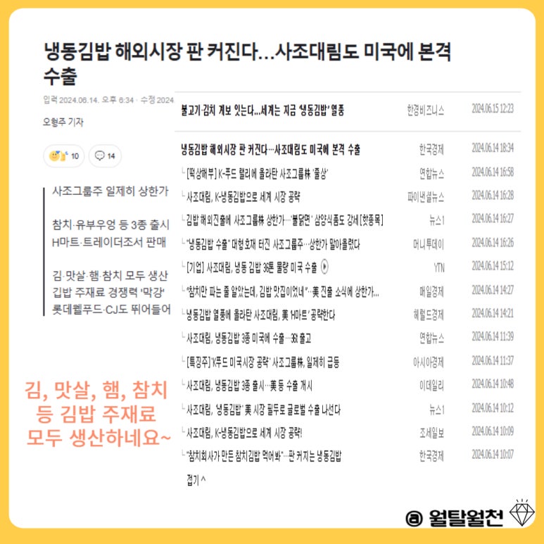 미국 수출 K푸드 냉동김밥 관련주 사조대림