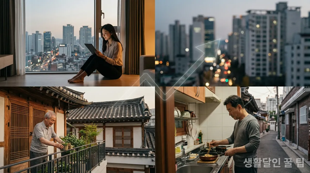 한국의 1인 가구 증가 추세를 보여주는 다양한 연령대의 사람들