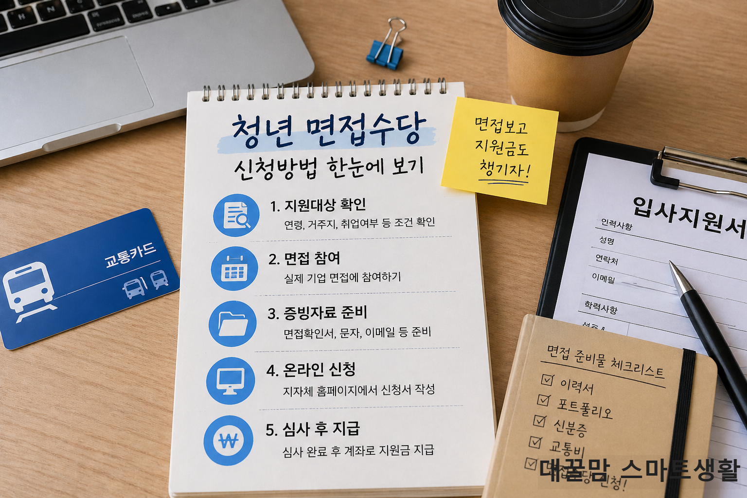 청년 면접수당 신청 절차와 준비서류를 정리한 책상 위 안내 사진, 면접비 지원 신청 예시