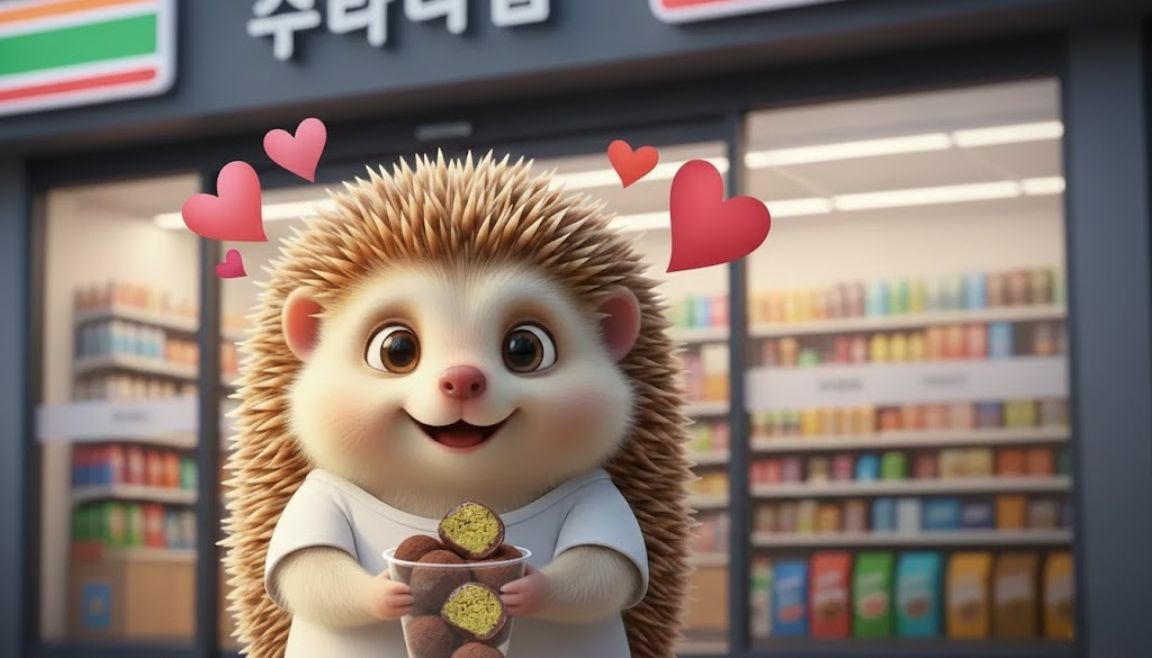 두쫀쿠를 사서 들고 나오는 고슴도치가 환하게 웃고 있는 모습